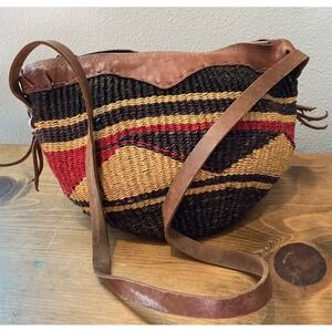 Artisan Boho Sisal Jute Bucket Shoulder Bag Brown Red Black Ethnic Leather Strap